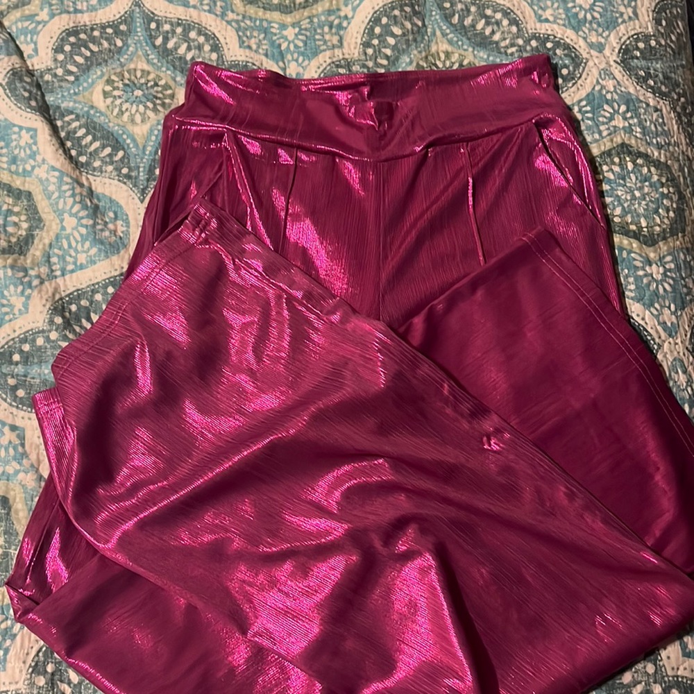 Metallic hot pink stretchy flair bottom pants